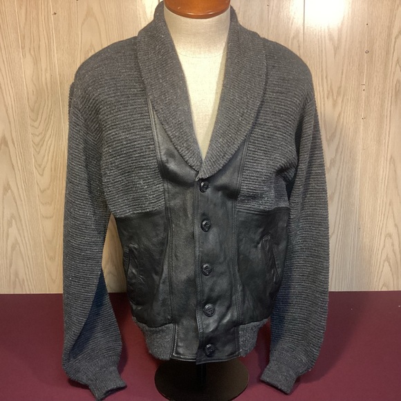 Vintage Deerskin Trading Post Leather & Wool Cardigan Sweater mens size Large - Picture 1 of 9